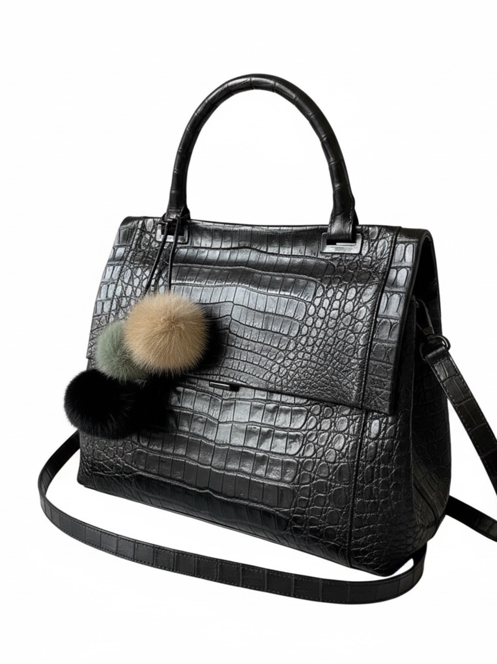 Nancy Gonzalez Black Croc-Embossed Satchel with Multicolor Mink Pom Pom Charms